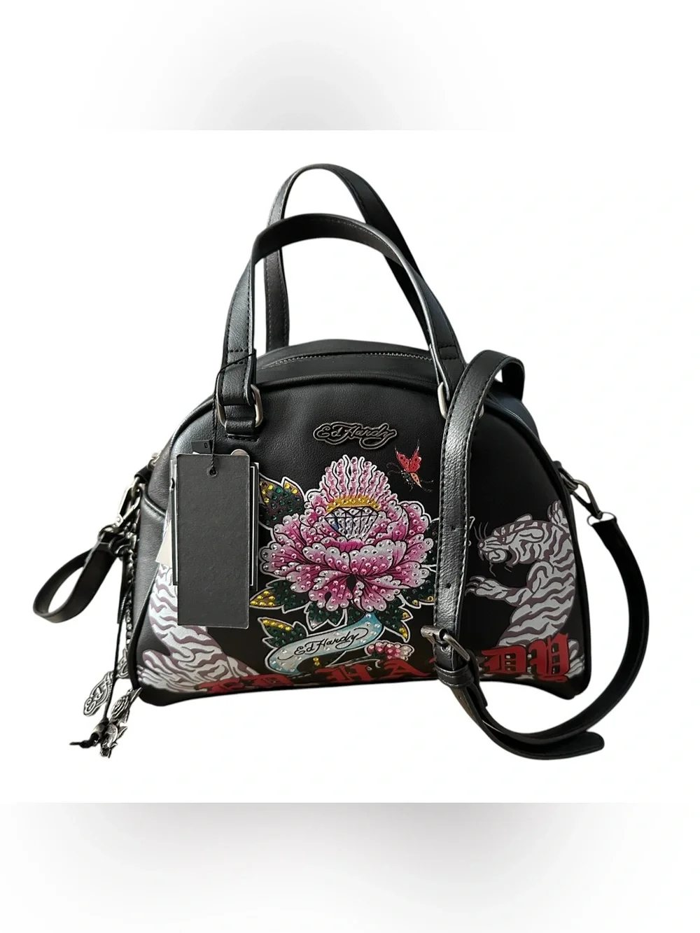 Ed Hardy Tiger & Floral Rhinestone Embellished Dome Bowler Satchel Crossbody Bag